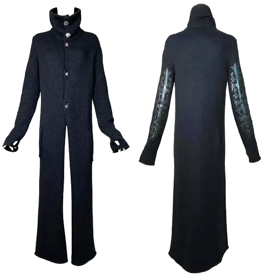 1995 Chrome Hearts Knit Sweater Coat Dress w Leather Cross Patches & Silver Buttons