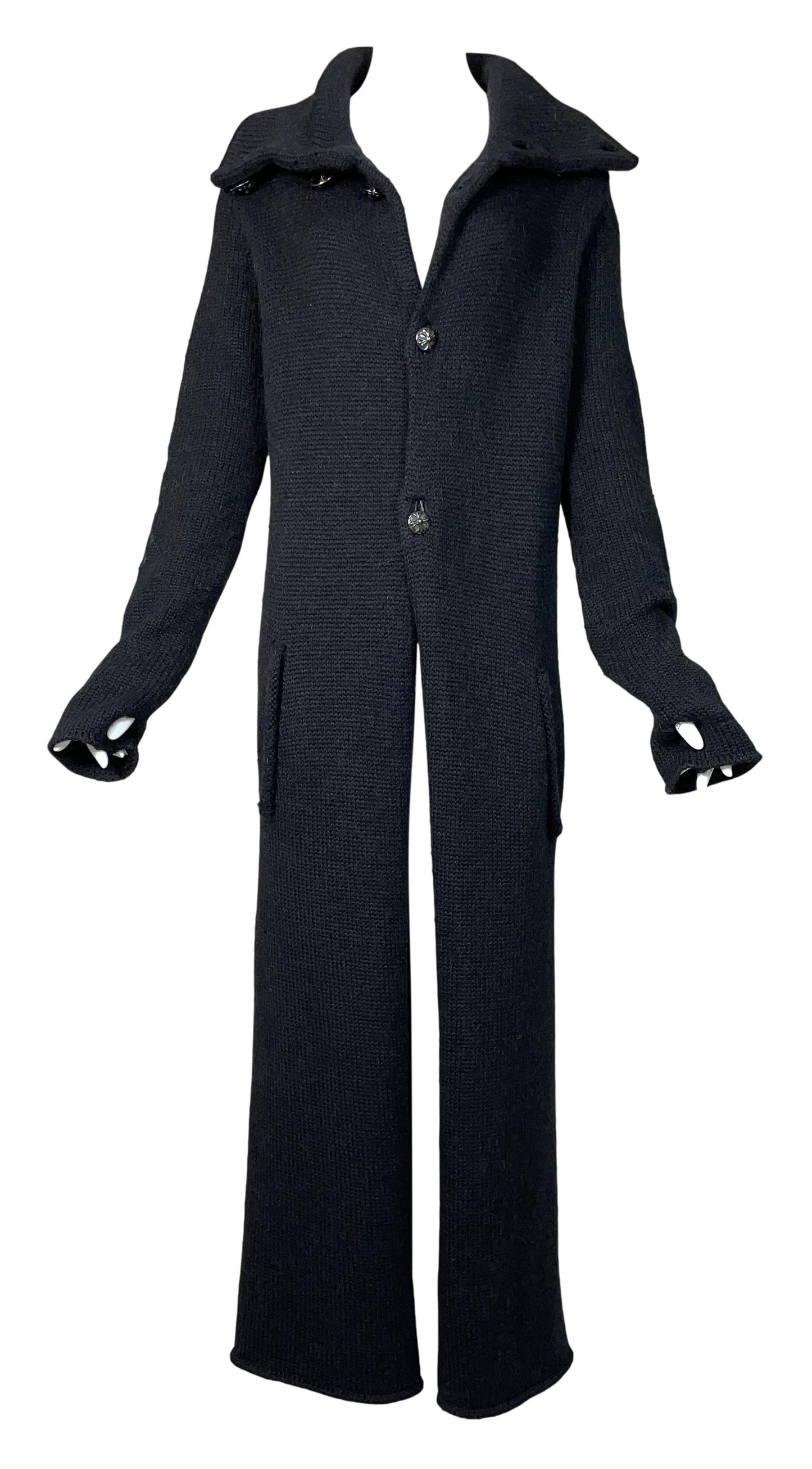 1995 Chrome Hearts Knit Sweater Coat Dress w Leather Cross Patches & Silver Buttons