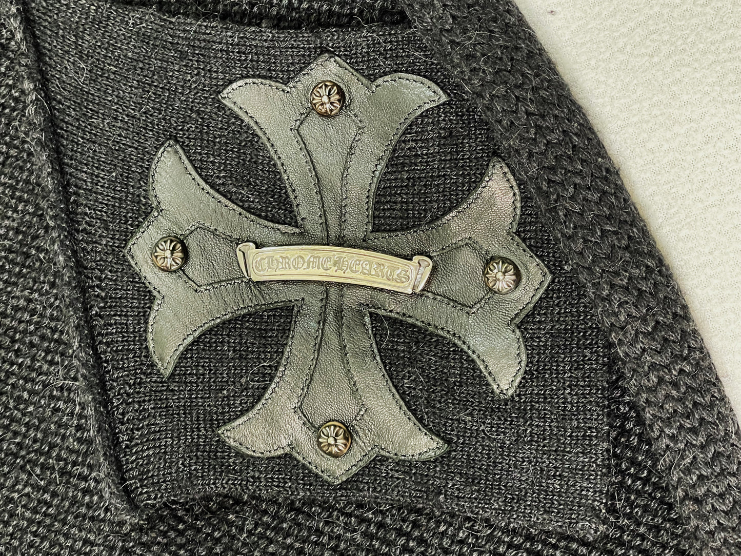 1995 Chrome Hearts Knit Sweater Coat Dress w Leather Cross Patches & Silver Buttons