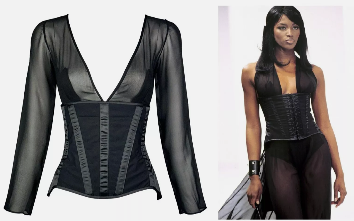 NWT F/W 1995 Dolce & Gabbana Runway Sheer Black Silk Bustier Waist Cincher Blouse Top 40