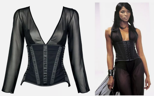 NWT F/W 1995 Dolce & Gabbana Runway Sheer Black Silk Bustier Waist Cincher Blouse Top 40