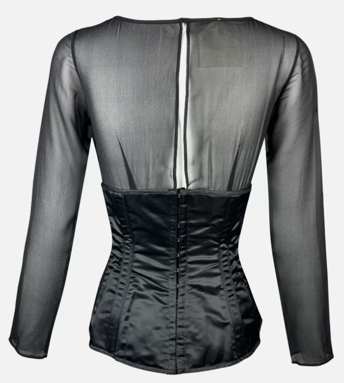 NWT F/W 1995 Dolce & Gabbana Runway Sheer Black Silk Bustier Waist Cincher Blouse Top 40