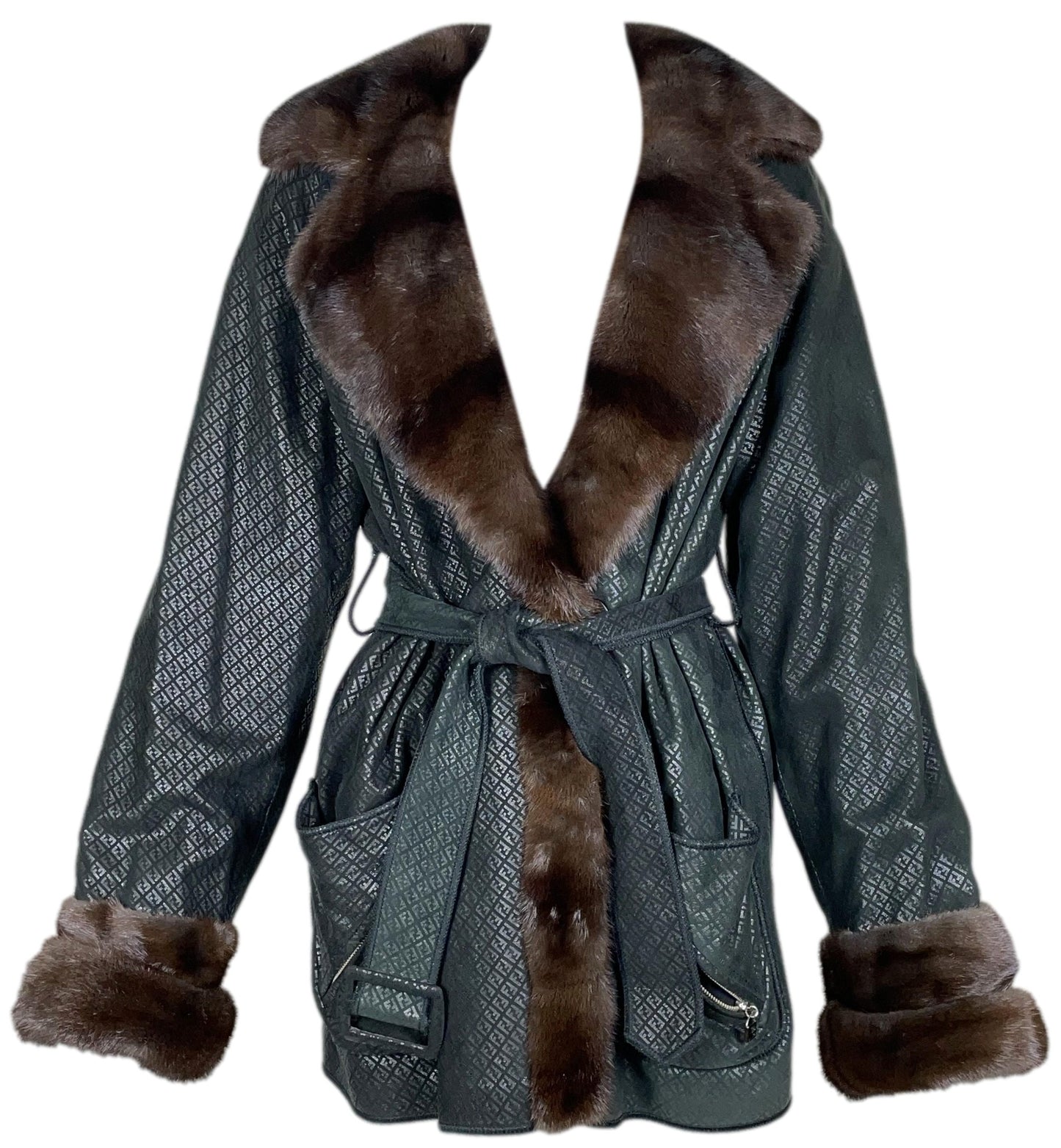 F/W 1995 Fendi by Karl Lagerfeld Reversible Black Leather Logo & Mink Fur Jacket