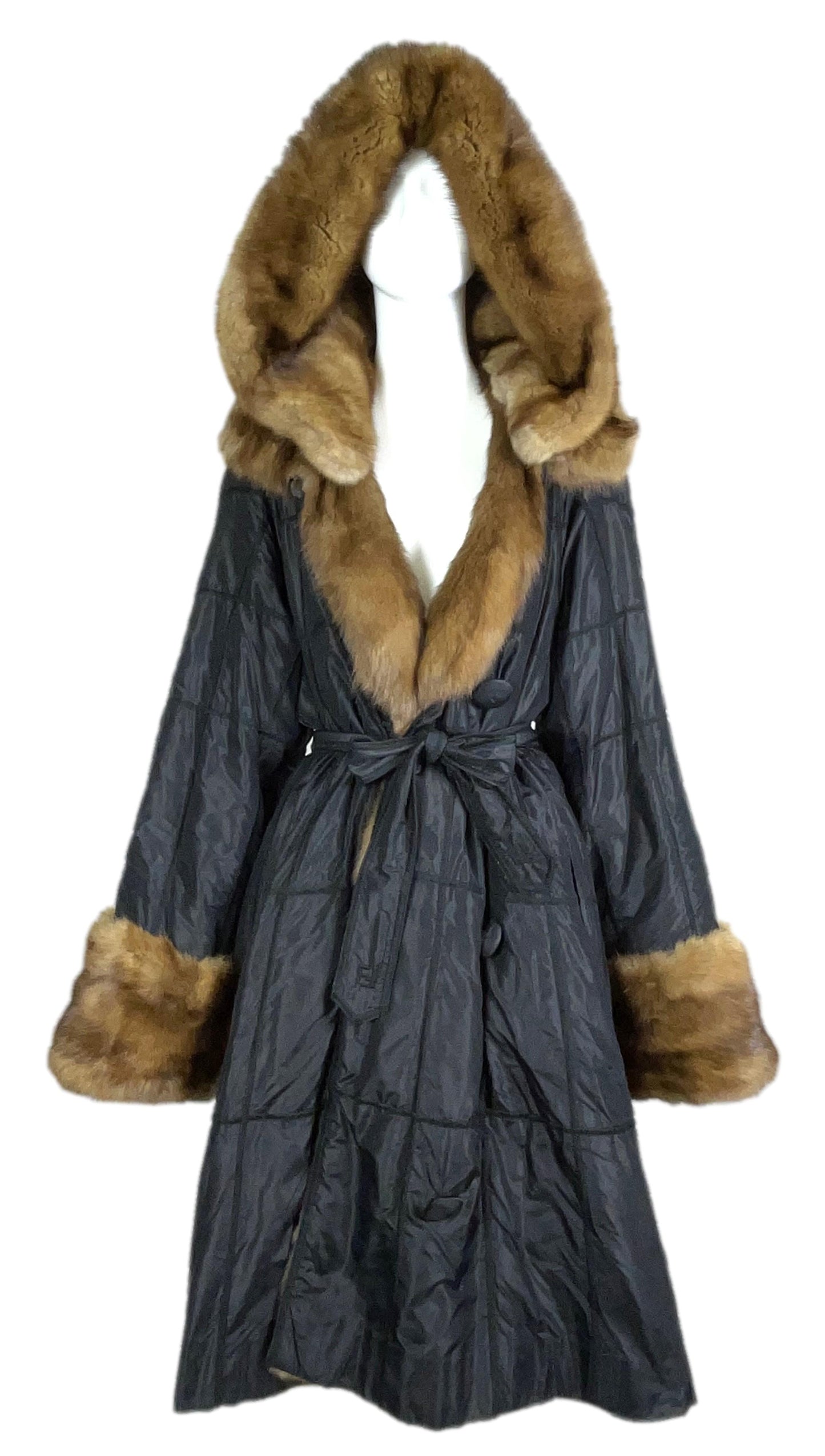 F/W 1995 Fendi by Karl Lagerfeld Sable Fur & Black Satin Reversible Hooded Coat