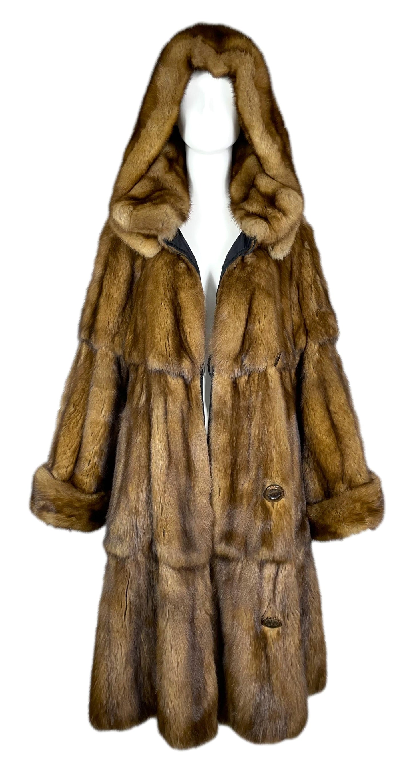 F/W 1995 Fendi by Karl Lagerfeld Sable Fur & Black Satin Reversible Hooded Coat