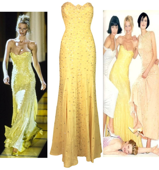 F/W 1995 Documented Gianni Versace Runway Yellow Beaded Strapless Embellished Mermaid Gown Dress