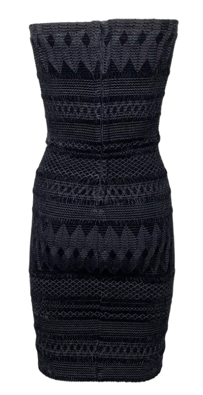 Vintage F/W 1995 John Galliano Knit Aztec Embroidered Bodycon Black Strapless Bustier Mini Dress