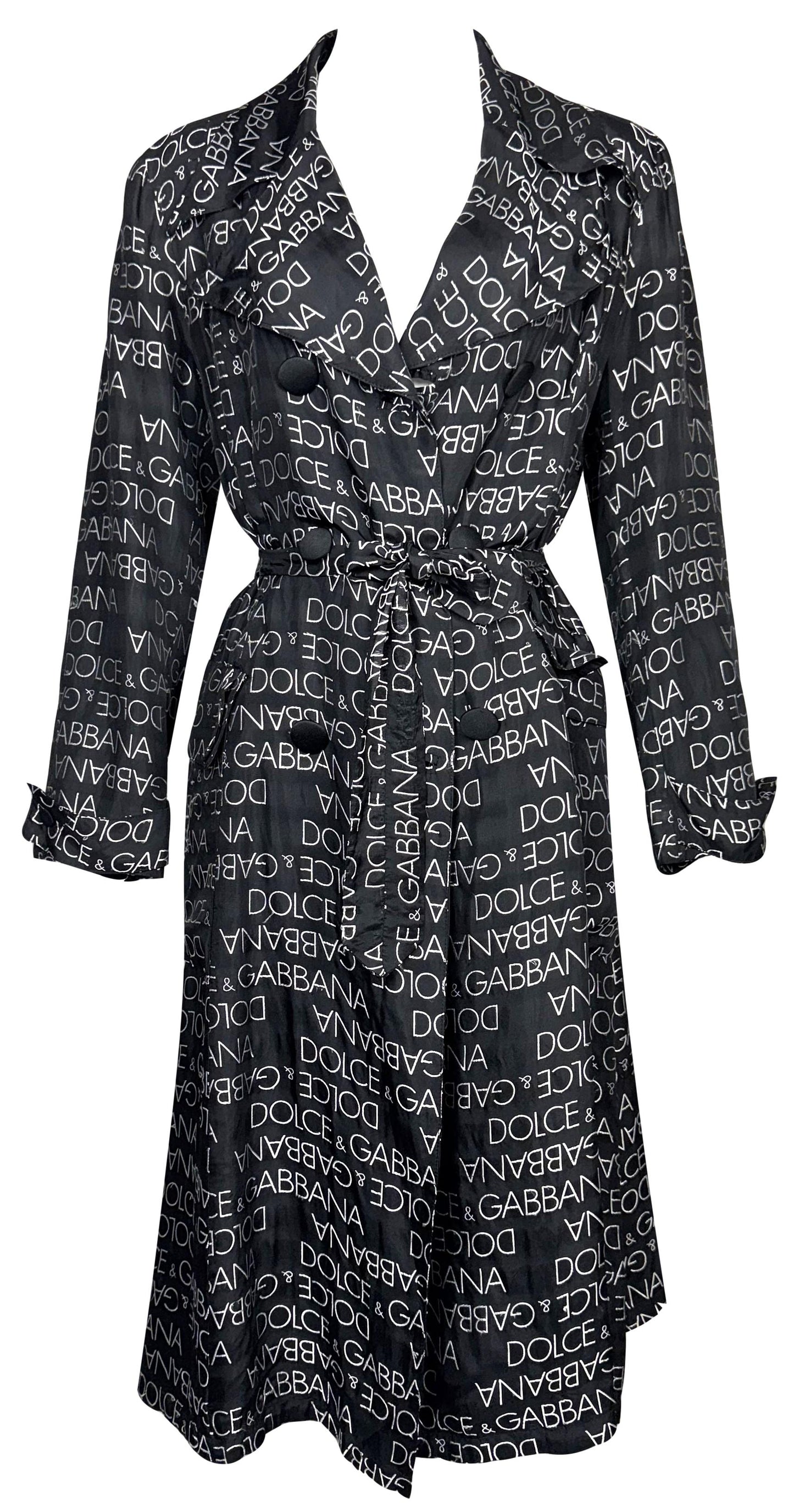 S/S 1995 Dolce & Gabbana Black & White Logo Monogram Classic Silk Trench Coat Jacket