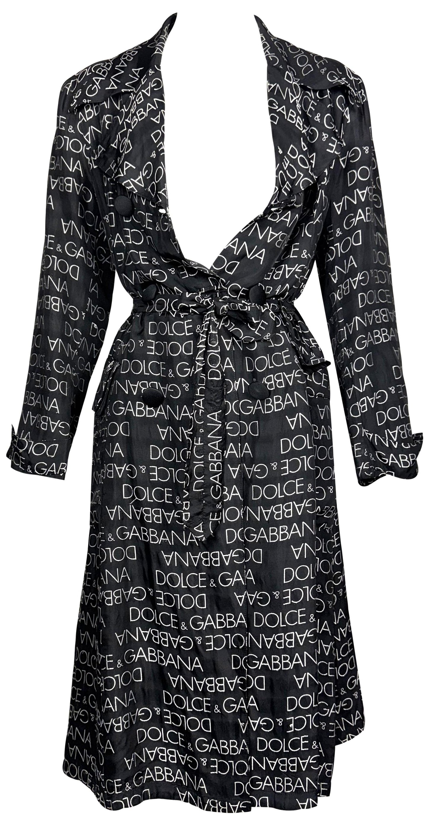 S/S 1995 Dolce & Gabbana Black & White Logo Monogram Classic Silk Trench Coat Jacket