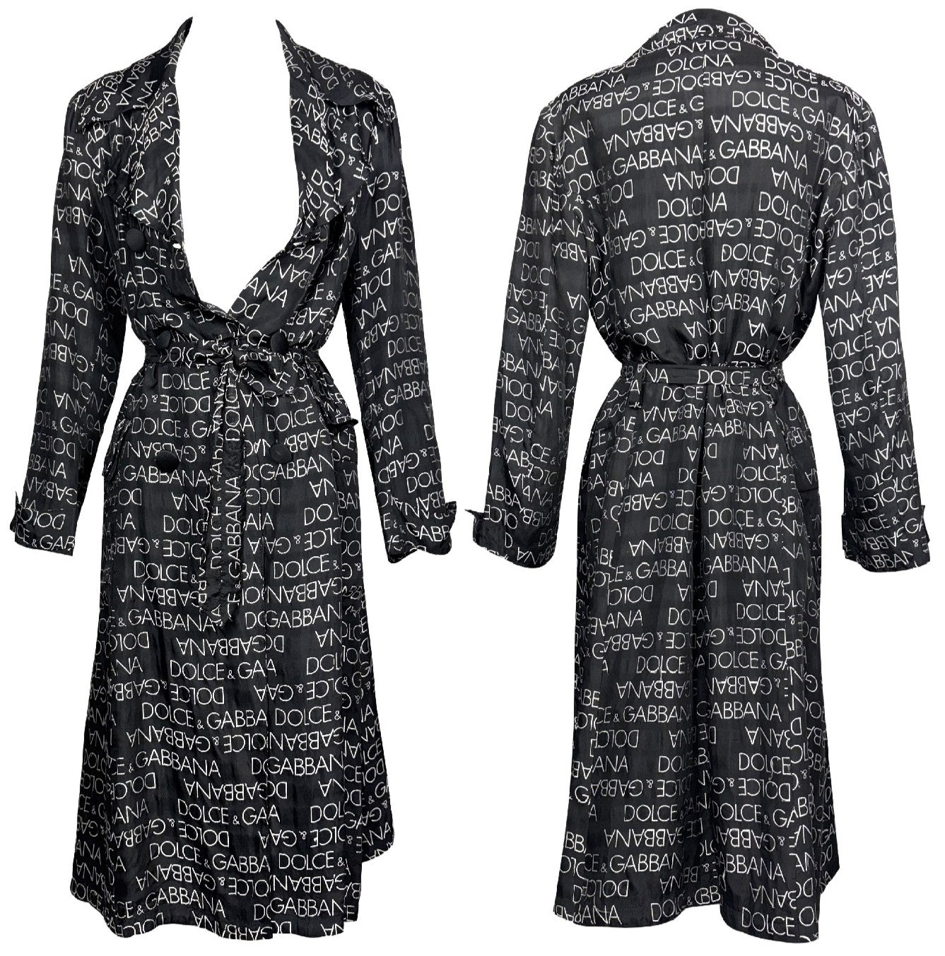 S/S 1995 Dolce & Gabbana Black & White Logo Monogram Classic Silk Trench Coat Jacket