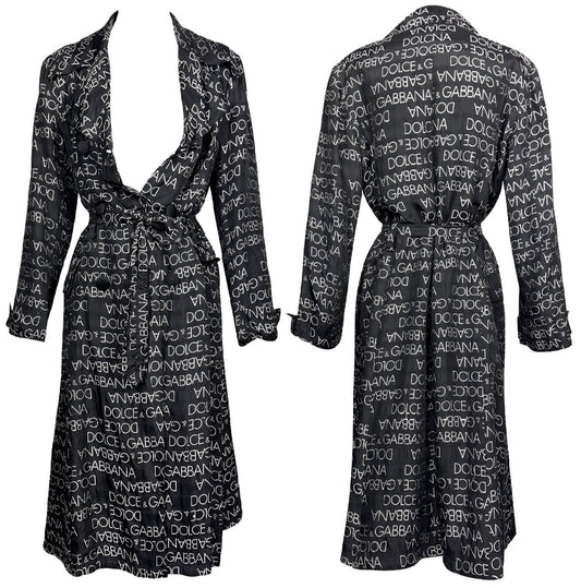 S/S 1995 Dolce & Gabbana Black & White Logo Monogram Classic Silk Trench Coat Jacket