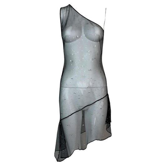 S/S 1995 Dolce & Gabbana Runway Sheer Black Mesh Embellished Mini Dress