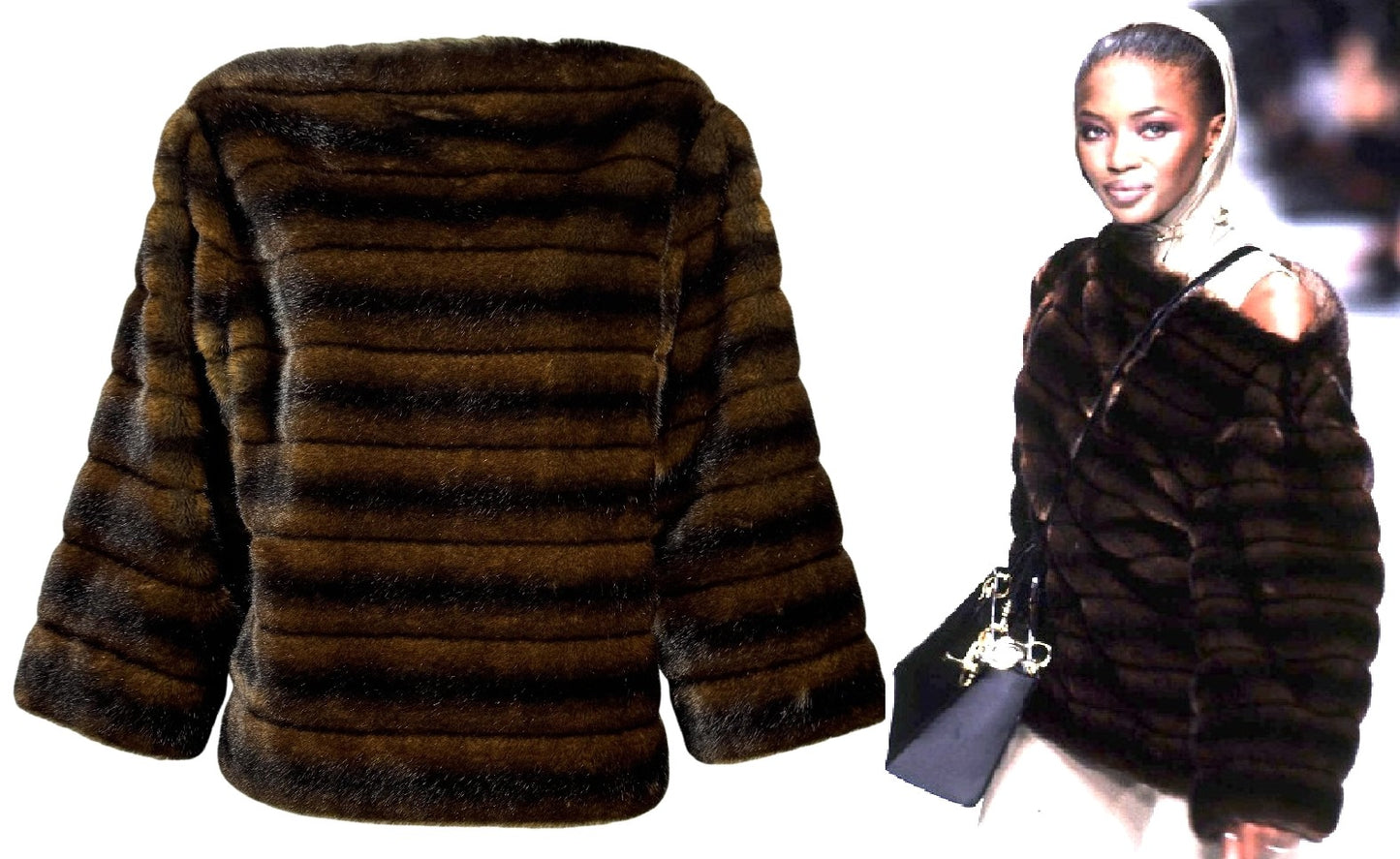 F/W 1996 Christian Dior x Gianfranco Ferre Runway Brown Faux Mink Fur Boat Neck Off Shoulder Sweater Top