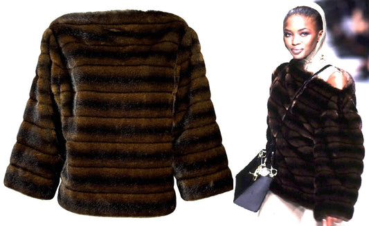 F/W 1996 Christian Dior x Gianfranco Ferre Runway Brown Faux Mink Fur Boat Neck Off Shoulder Sweater Top
