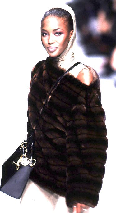 F/W 1996 Christian Dior x Gianfranco Ferre Runway Brown Faux Mink Fur Boat Neck Off Shoulder Sweater Top