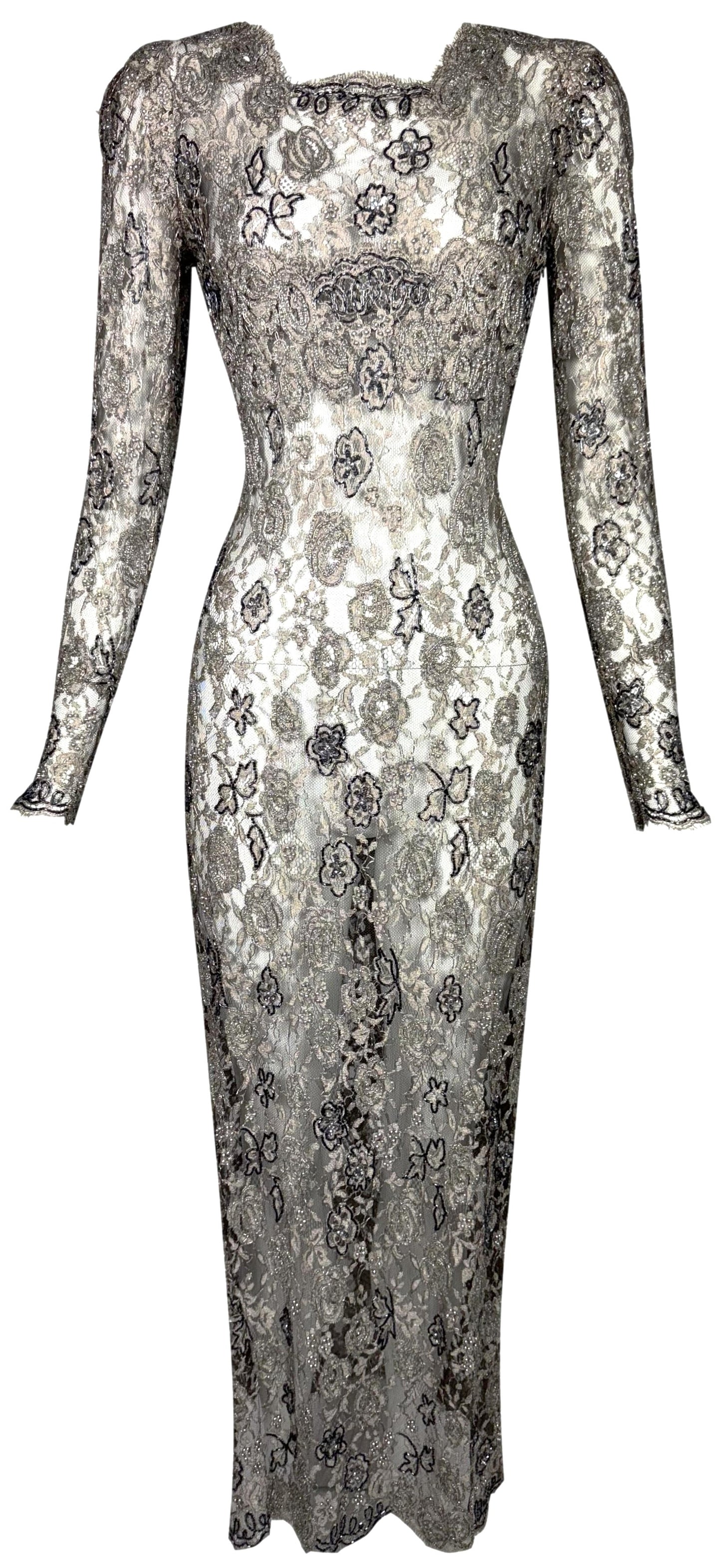 F/W 1996 Emanuel Ungaro Haute Couture Runway Sheer Silver Lace Beaded L/S Column Maxi Dress