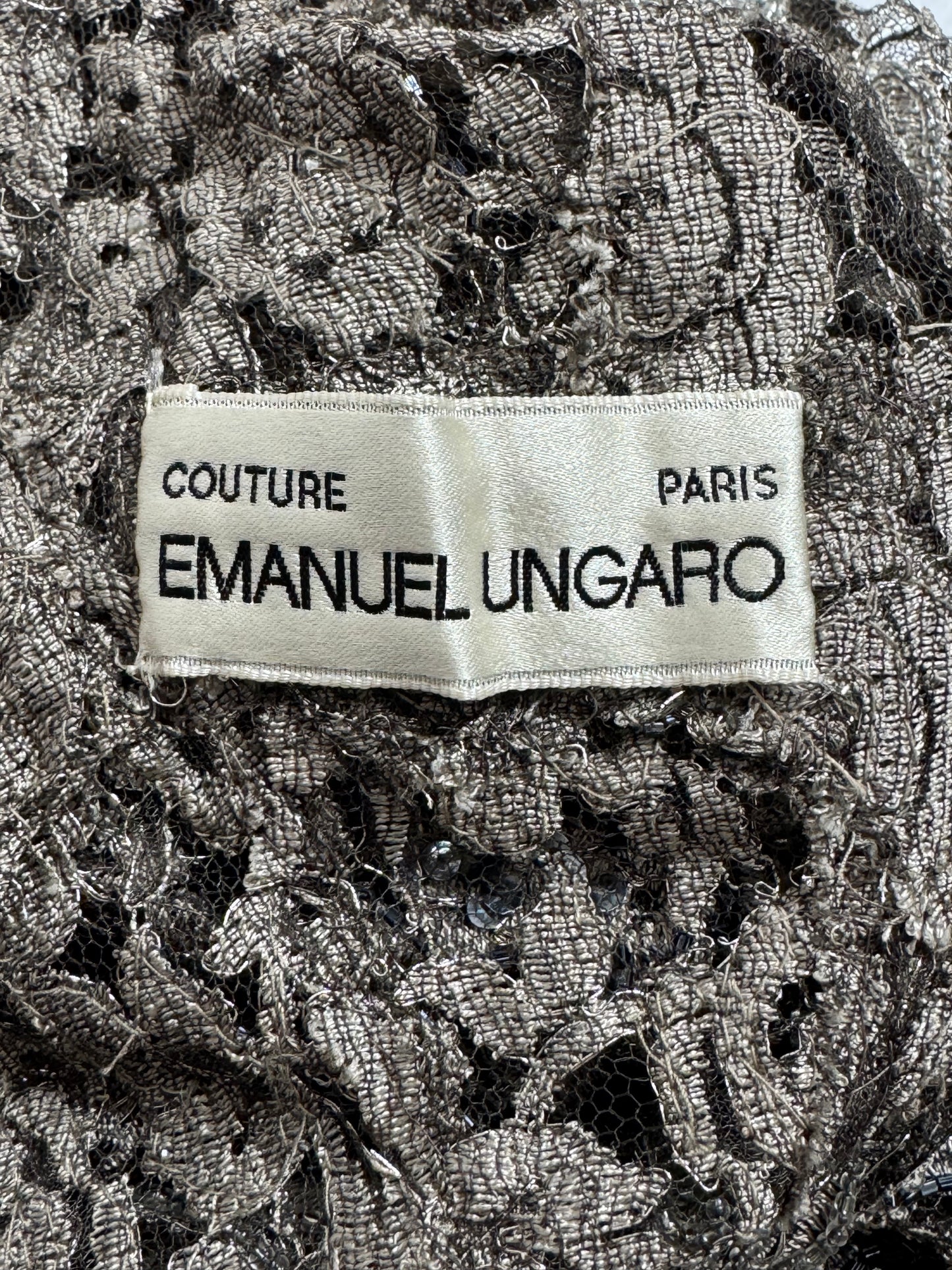F/W 1996 Emanuel Ungaro Haute Couture Runway Sheer Silver Lace Beaded L/S Column Maxi Dress