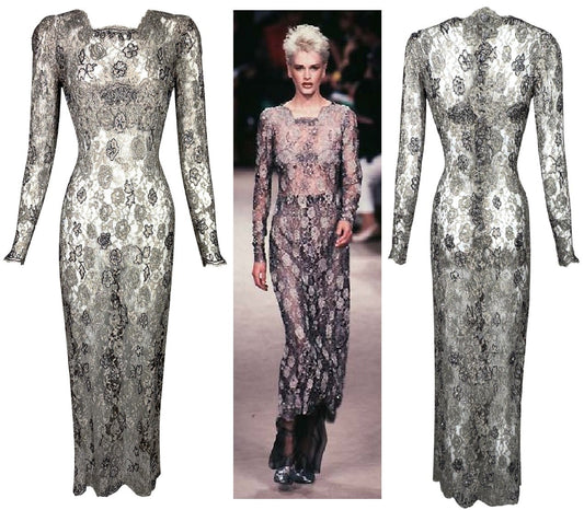 F/W 1996 Emanuel Ungaro Haute Couture Runway Sheer Silver Lace Beaded L/S Column Maxi Dress