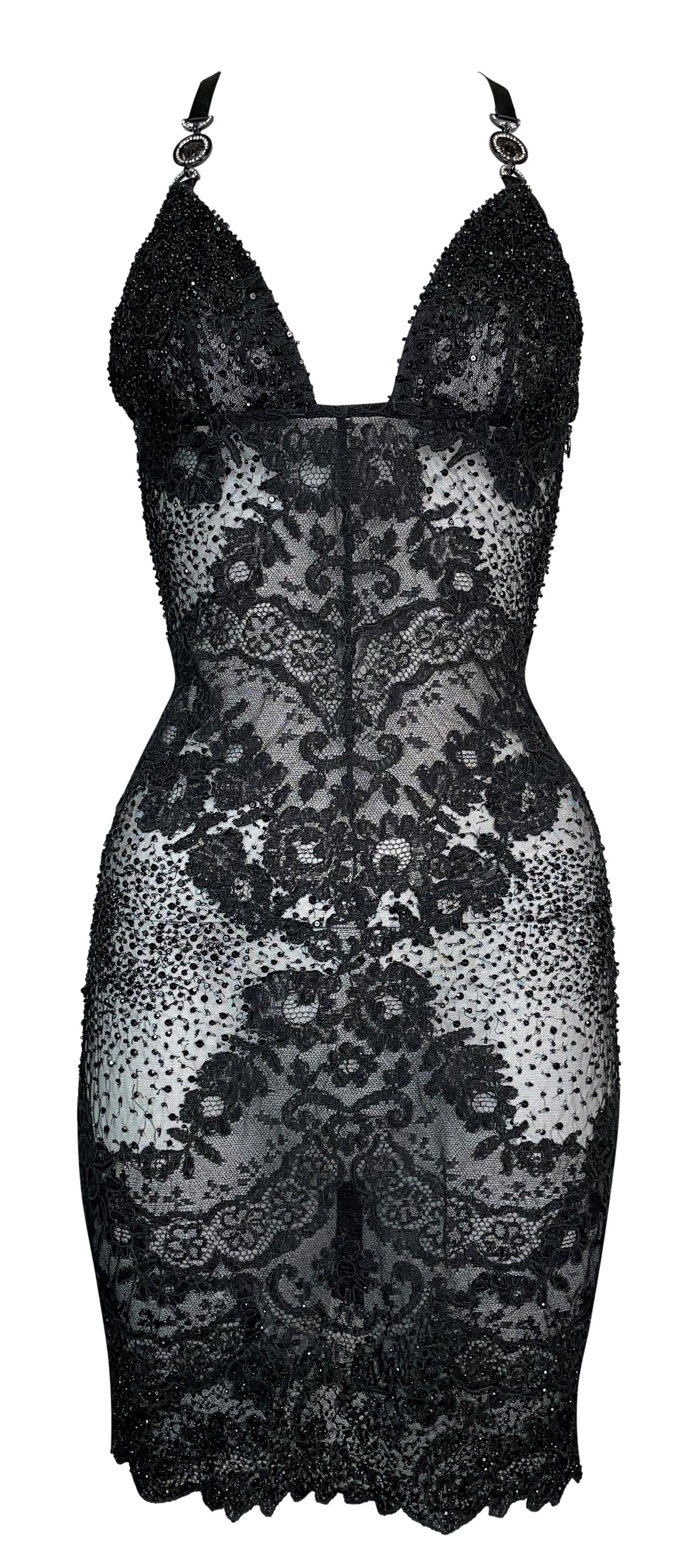 F/W 1996 Gianni Versace Sheer Black Silk Mesh & Lace Beaded Mini Dress