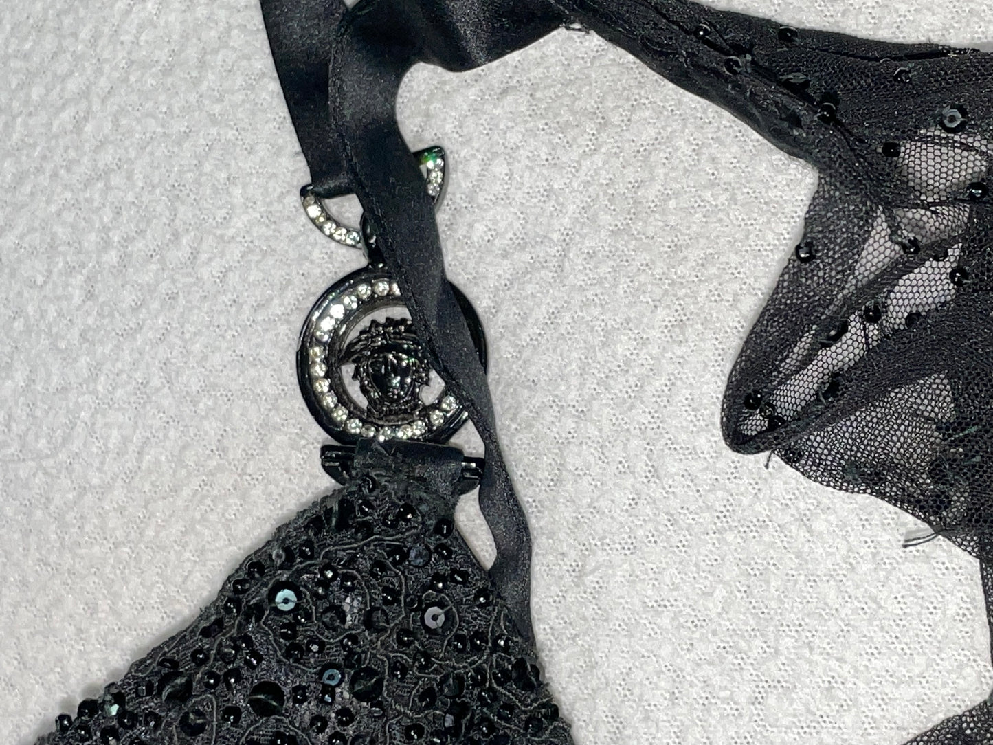 F/W 1996 Gianni Versace Sheer Black Silk Mesh & Lace Beaded Mini Dress
