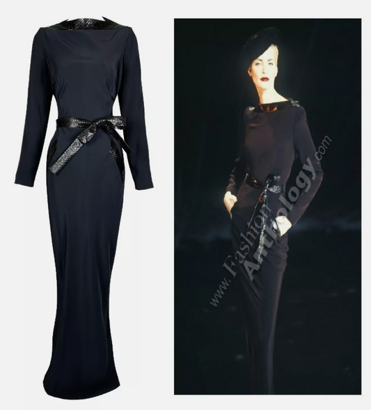 F/W 1996 Givenchy by John Galliano Runway 1940's Old Hollywood Blue Maxi Dress w Snakeskin Belt