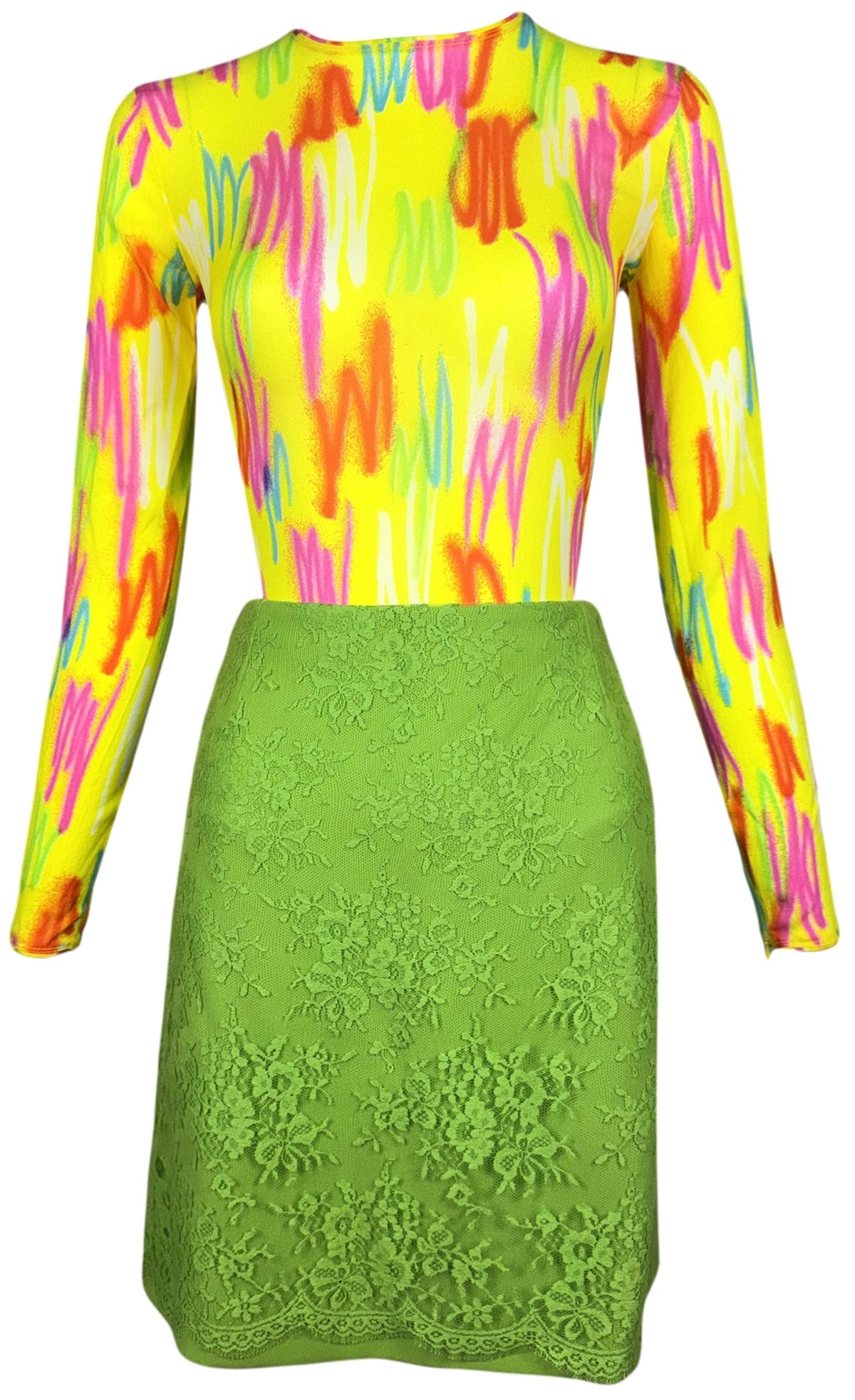 S/S 1996 Gianni Versace Sheer Neon Yellow Silk Graffiti Spray Paint Bodysuit Top & Green Lace Mini Skirt Set
