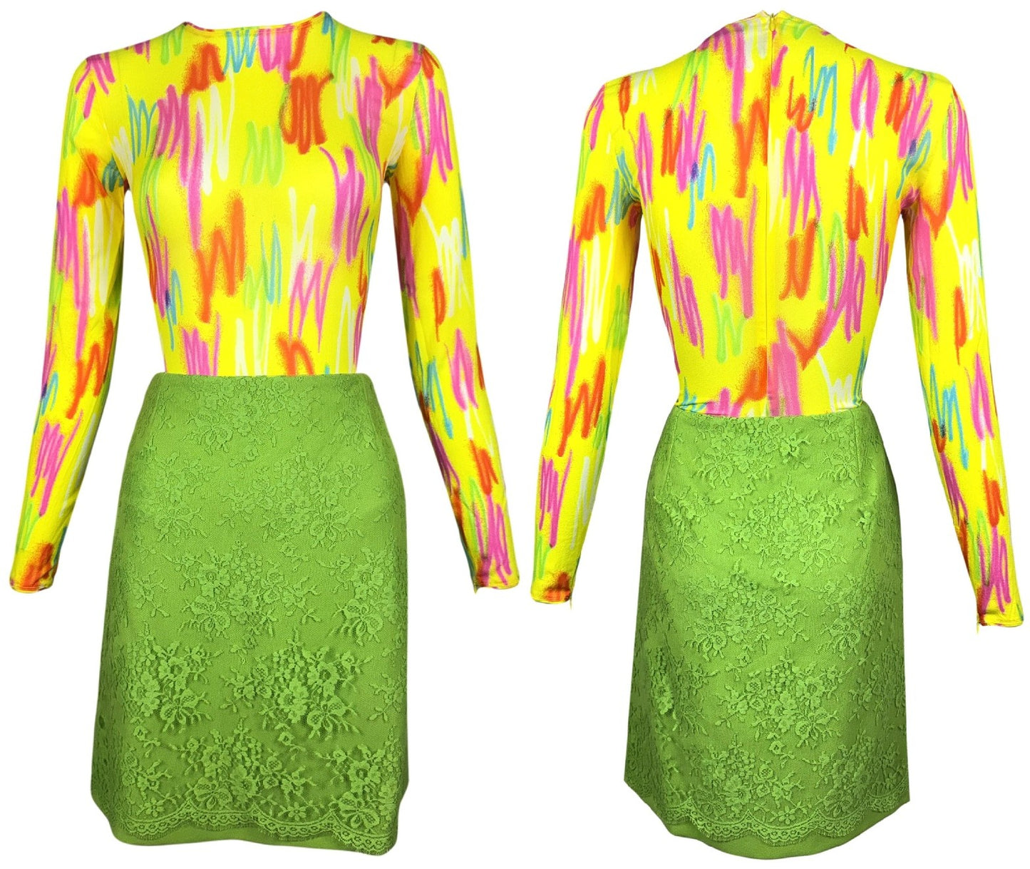 S/S 1996 Gianni Versace Sheer Neon Yellow Silk Graffiti Spray Paint Bodysuit Top & Green Lace Mini Skirt Set