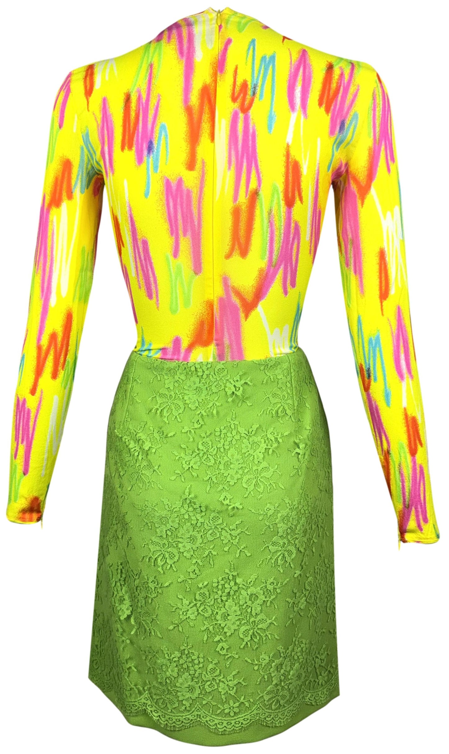 S/S 1996 Gianni Versace Sheer Neon Yellow Silk Graffiti Spray Paint Bodysuit Top & Green Lace Mini Skirt Set
