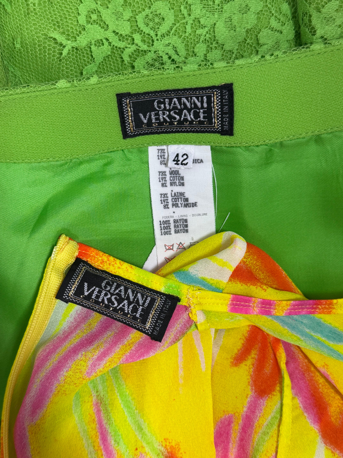 S/S 1996 Gianni Versace Sheer Neon Yellow Silk Graffiti Spray Paint Bodysuit Top & Green Lace Mini Skirt Set