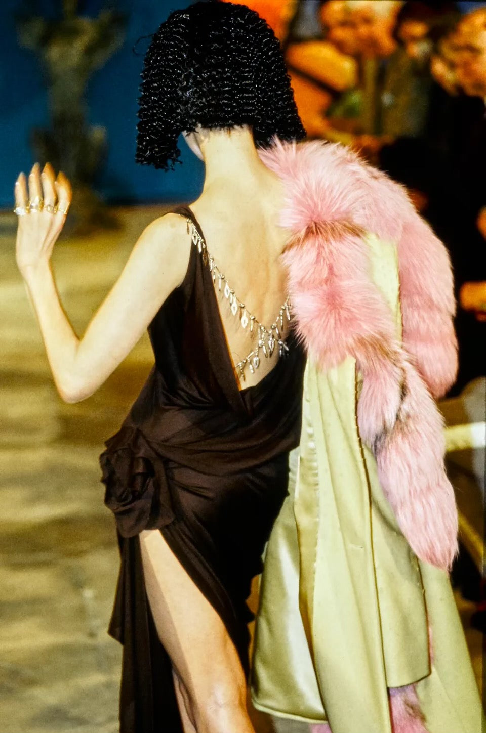 F/W 1997 John Galliano Runway Black Plunging Back High Slit Dress