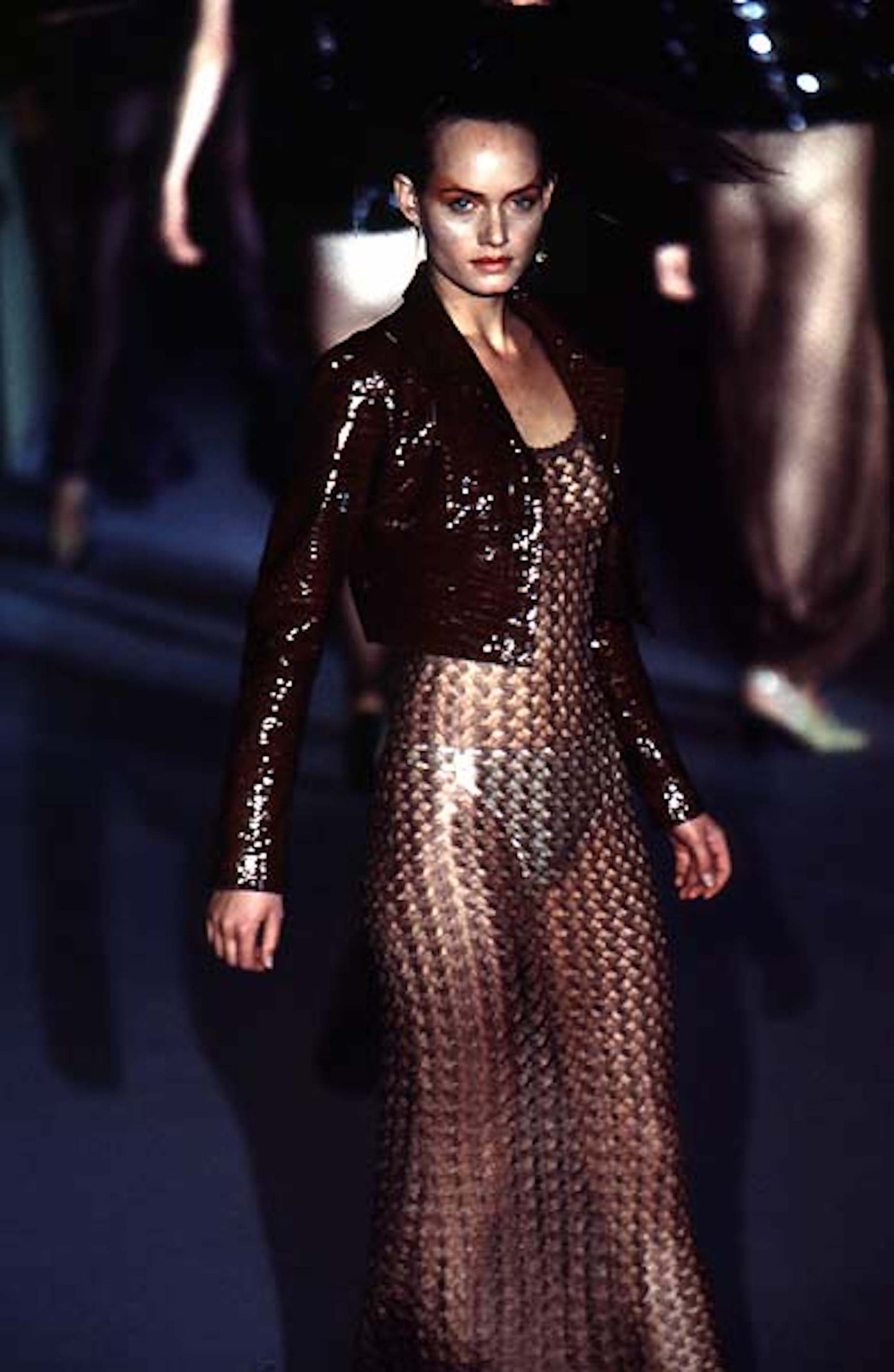 S/S 1997 Karl Lagerfeld Runway Sheer Bronze Knit Maxi Dress