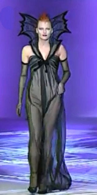 S/S 1997 Thierry Mugler Kiss of the Spiderwoman Black Velvet Mermaid Gown Dress