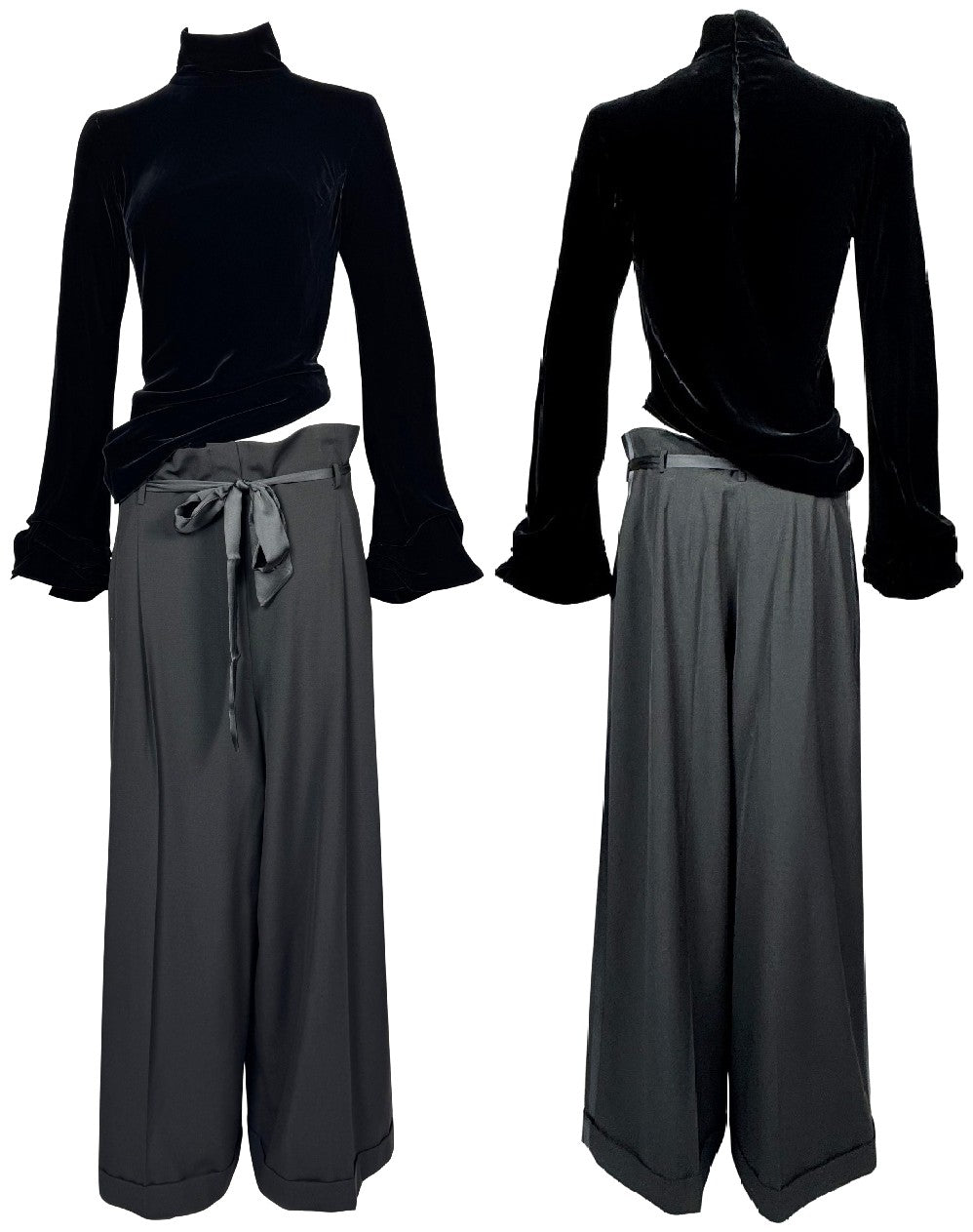 1997 & 1999 Jean Paul Gaultier Haute Couture Runway Velvet Goth Bell Sleeve Top & Wide Leg Tuxedo Pants Set