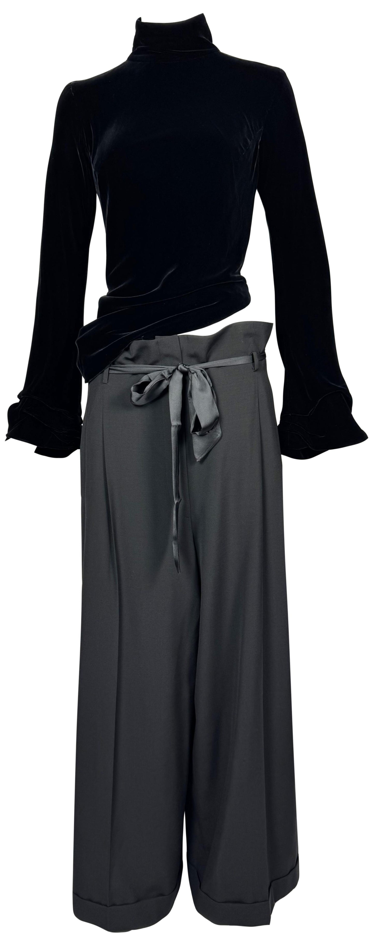 1997 & 1999 Jean Paul Gaultier Haute Couture Runway Velvet Goth Bell Sleeve Top & Wide Leg Tuxedo Pants Set