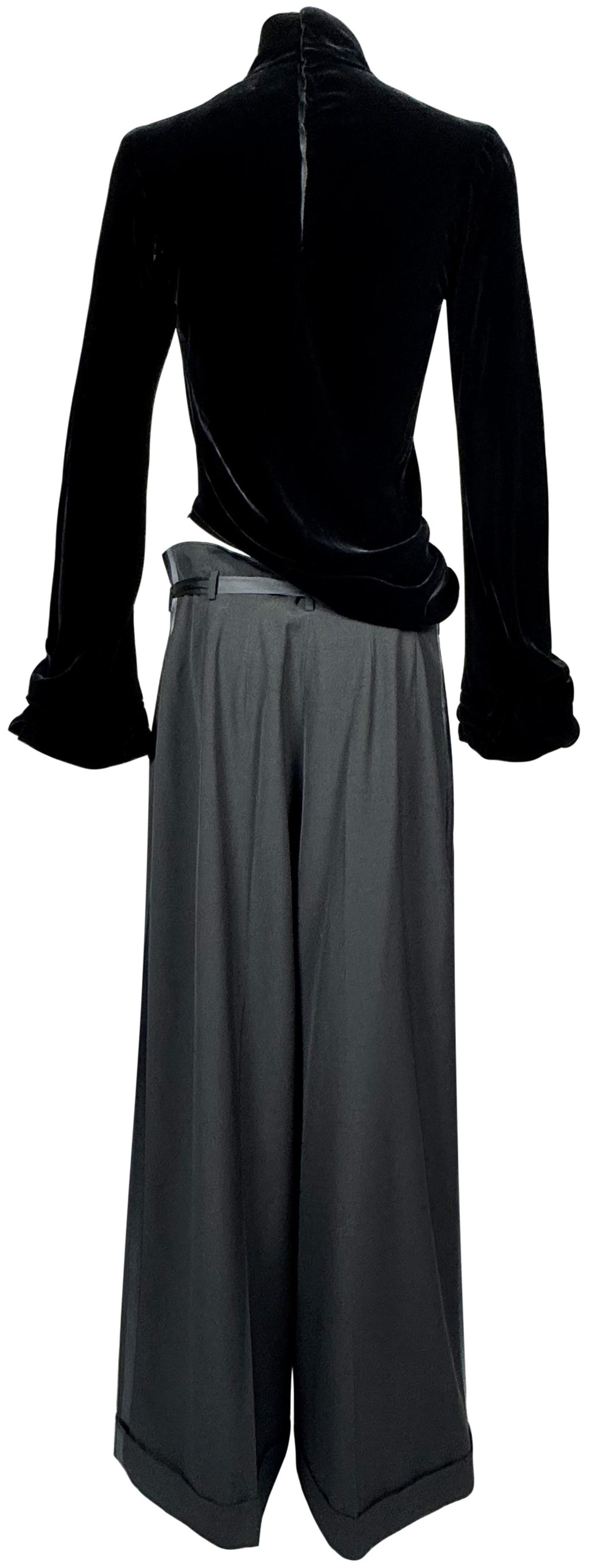 1997 & 1999 Jean Paul Gaultier Haute Couture Runway Velvet Goth Bell Sleeve Top & Wide Leg Tuxedo Pants Set