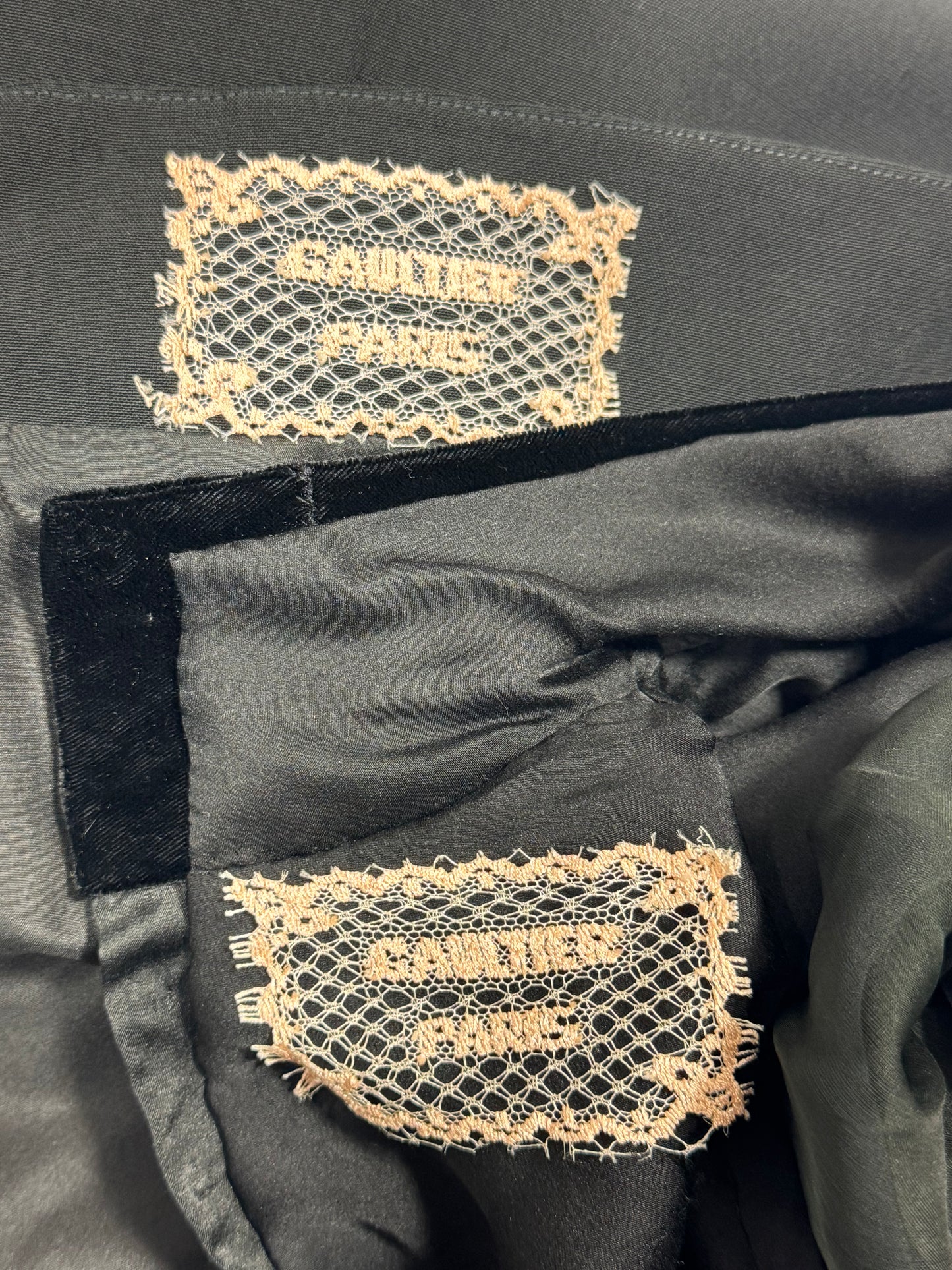 1997 & 1999 Jean Paul Gaultier Haute Couture Runway Velvet Goth Bell Sleeve Top & Wide Leg Tuxedo Pants Set
