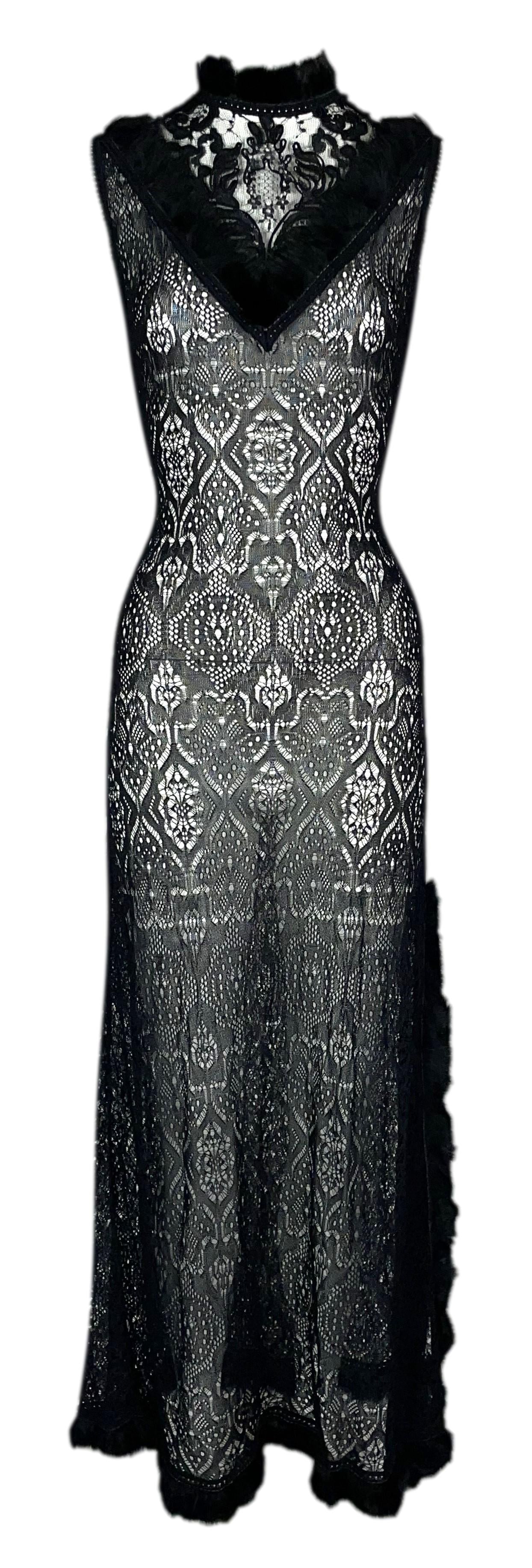 1990's Christian Dior by John Galliano Sheer Black Knit & Lace High Slit Fur Trim Maxi Dress
