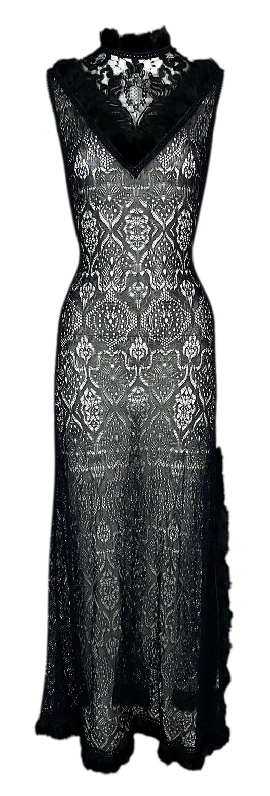 1990's Christian Dior by John Galliano Sheer Black Knit & Lace High Slit Fur Trim Maxi Dress