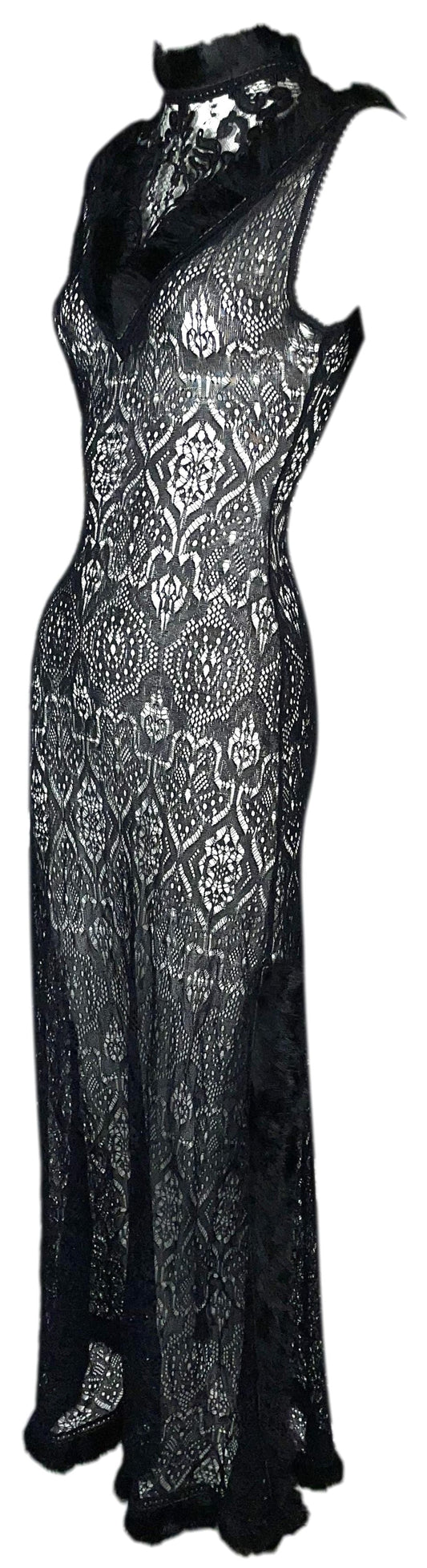 C. 1997 Christian Dior x John Galliano Russian Princess Sheer Black Knit & Lace High Slit Fur Trim Maxi Dress