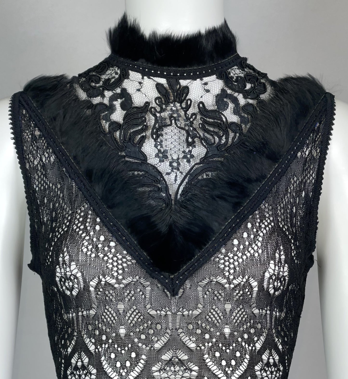 1990's Christian Dior by John Galliano Sheer Black Knit & Lace High Slit Fur Trim Maxi Dress