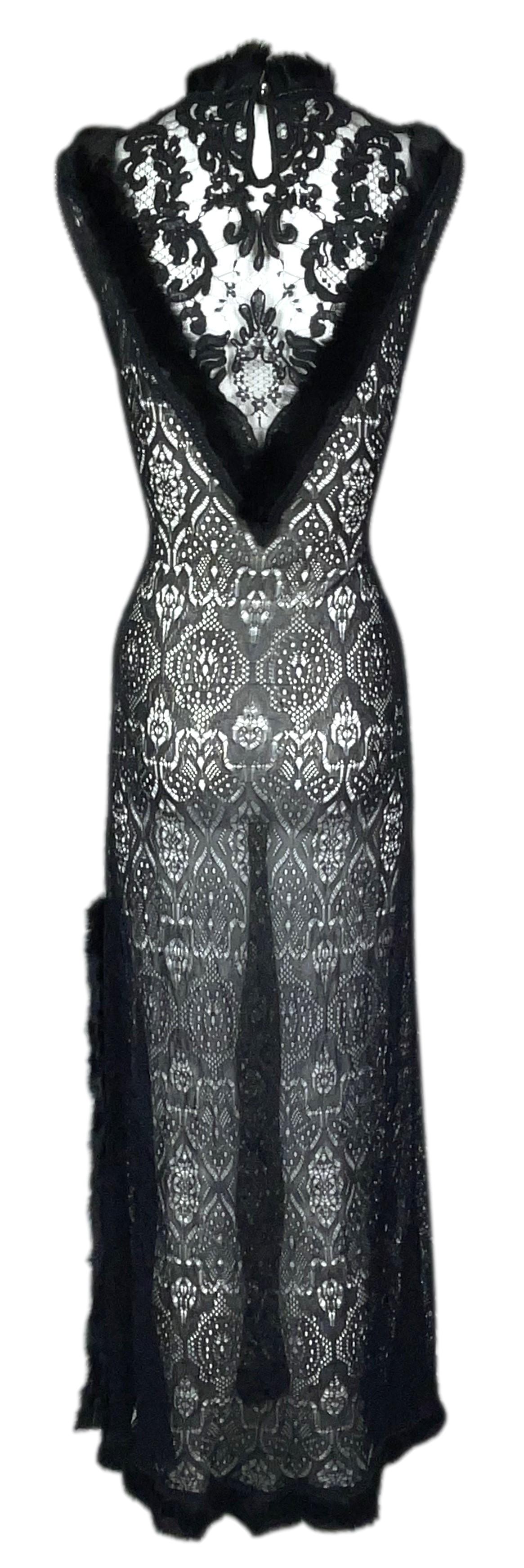 1990's Christian Dior by John Galliano Sheer Black Knit & Lace High Slit Fur Trim Maxi Dress