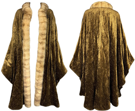 F/W 1997 Fendi x Karl Lagerfeld 1920's Flapper Style Golden Green Velvet Kimono Jacket Coat w Golden Sable Fur