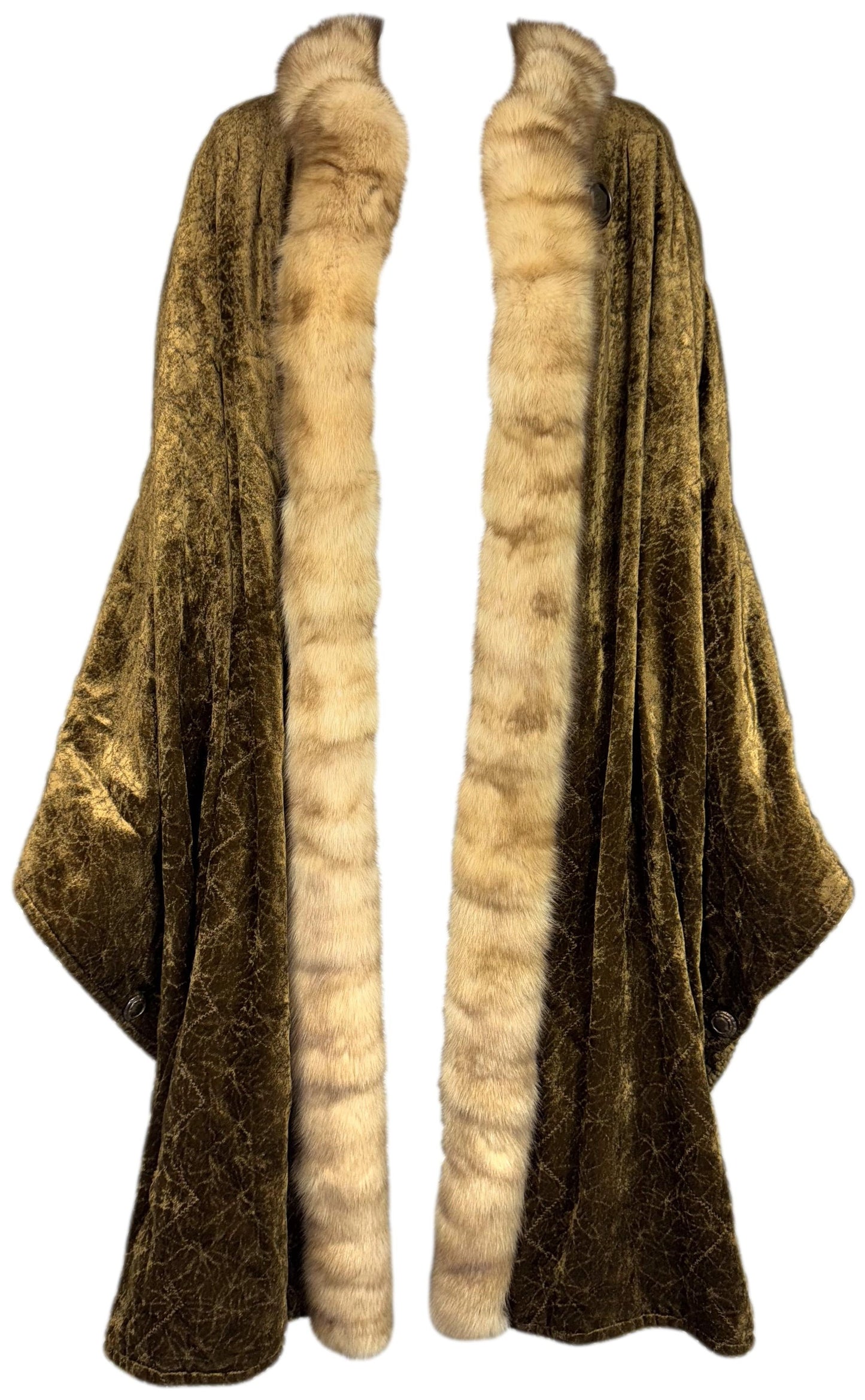 F/W 1997 Fendi x Karl Lagerfeld 1920's Flapper Style Golden Green Velvet Kimono Jacket Coat w Golden Sable Fur