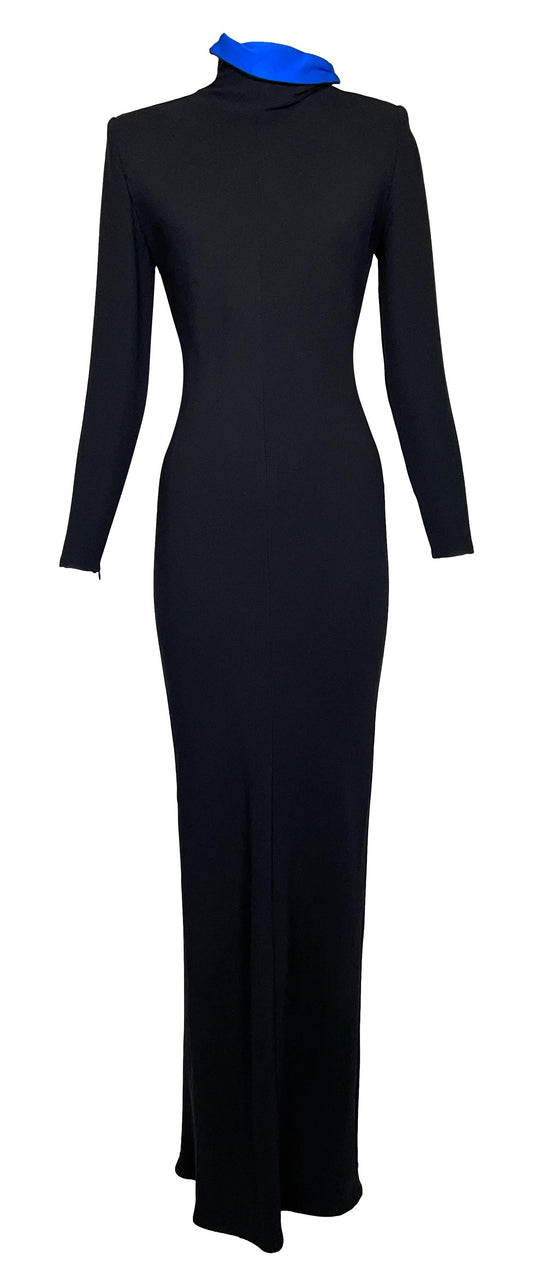F/W 1997 Atelier Versace by Gianni High Neck L/S Black Column Maxi Dress w Blue Collar