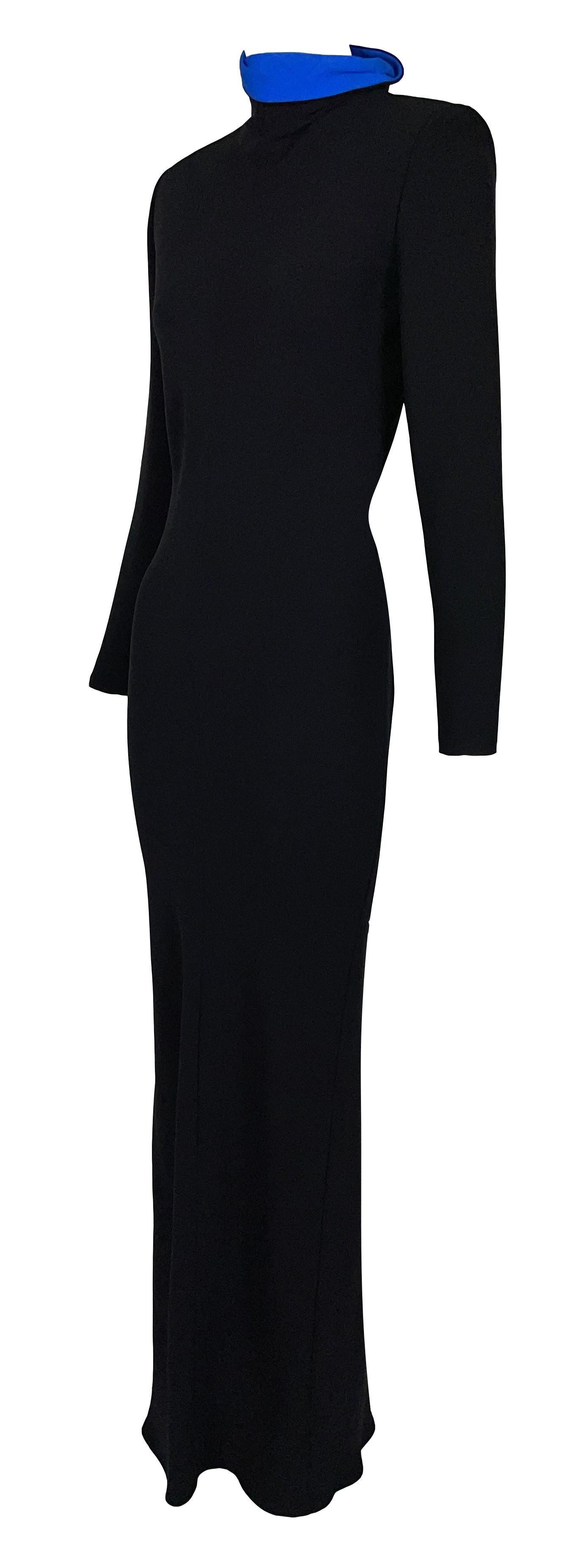 F/W 1997 Atelier Versace by Gianni High Neck L/S Black Column Maxi Dress w Blue Collar