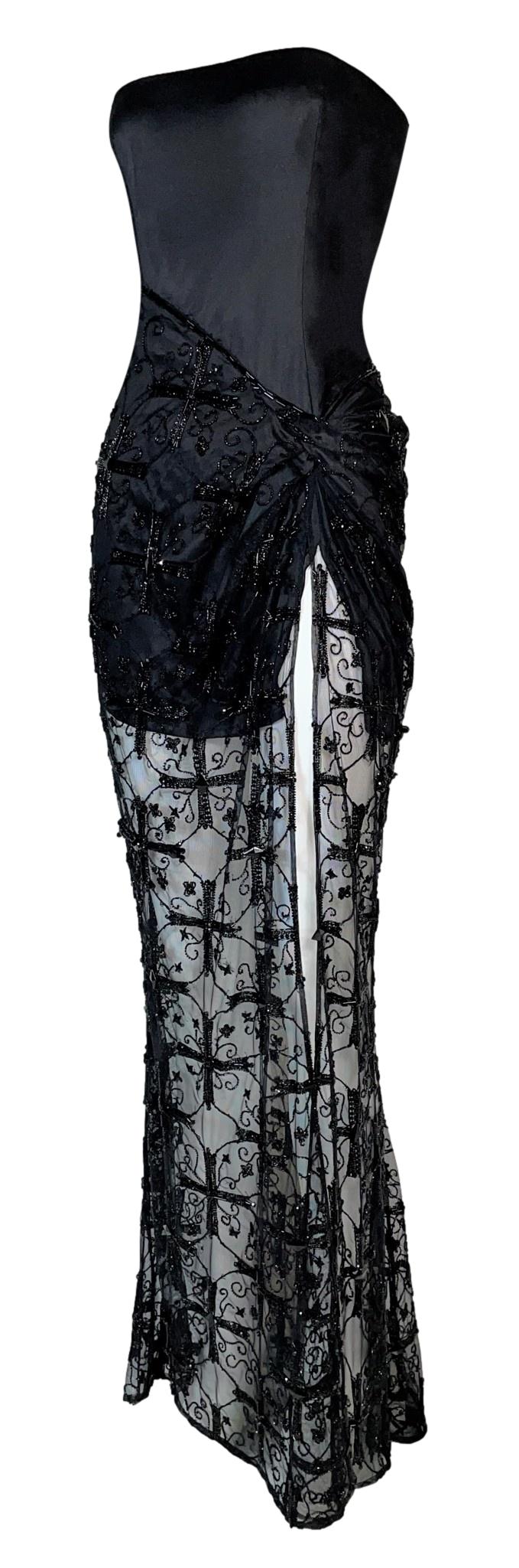 F/W 1997 Atelier Versace Haute Couture by Gianni Sheer Black Mesh Strapless High Slit Cross Crucifix Beaded Gown Maxi Dress
