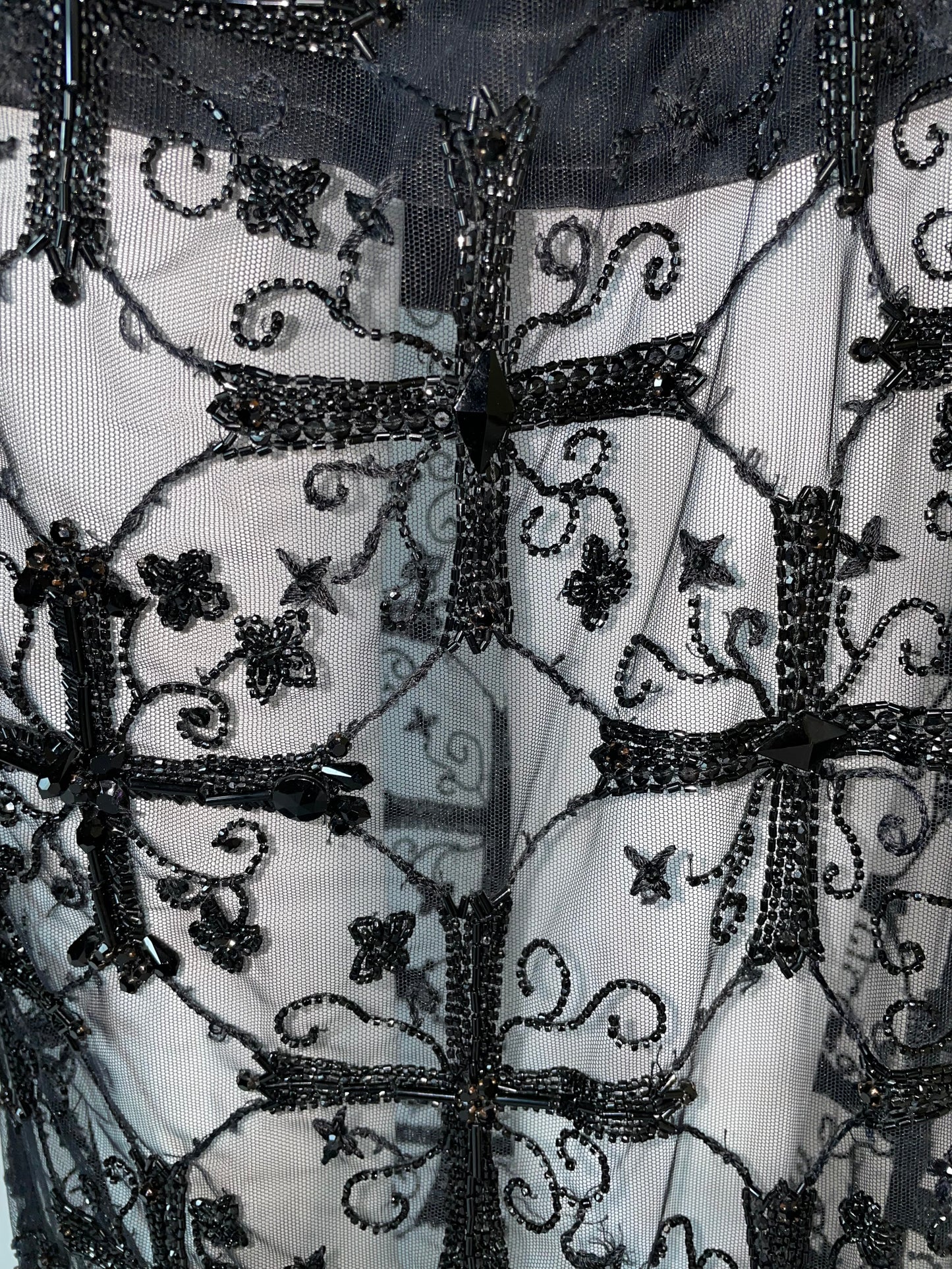 F/W 1997 Atelier Versace Haute Couture by Gianni Sheer Black Mesh Strapless High Slit Cross Crucifix Beaded Gown Maxi Dress
