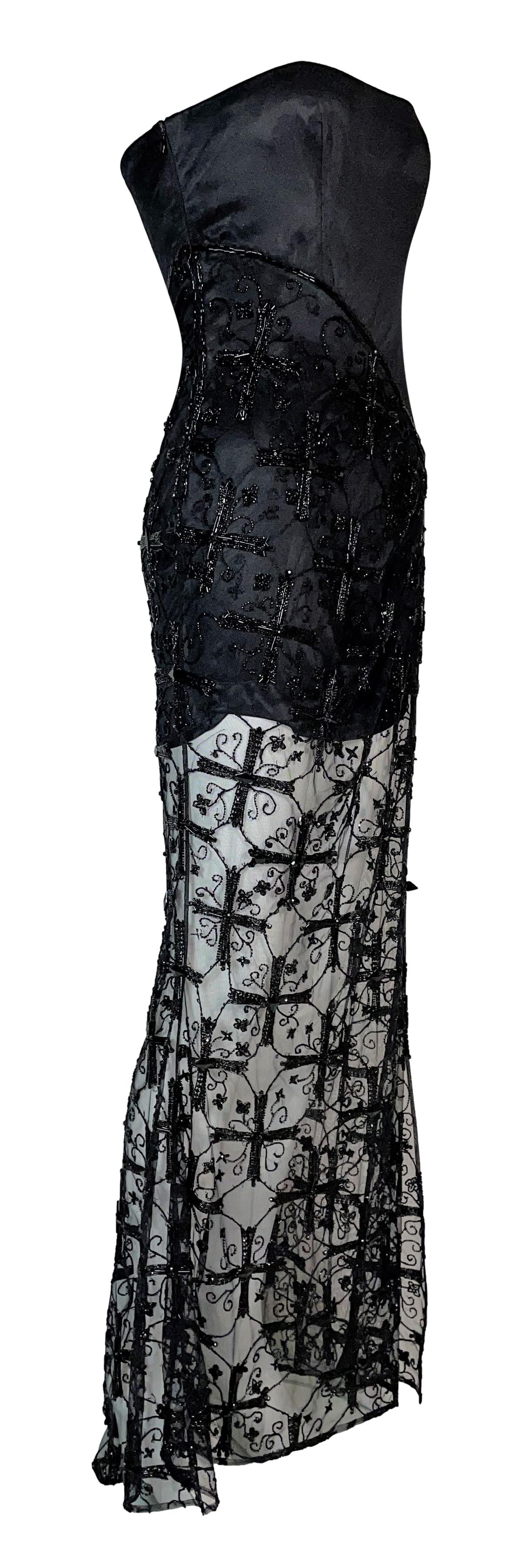 F/W 1997 Atelier Versace Haute Couture by Gianni Sheer Black Mesh Strapless High Slit Cross Crucifix Beaded Gown Maxi Dress