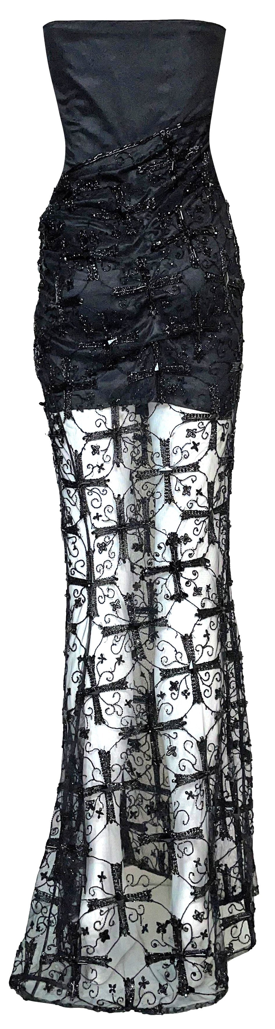 F/W 1997 Atelier Versace Haute Couture by Gianni Sheer Black Mesh Strapless High Slit Cross Crucifix Beaded Gown Maxi Dress
