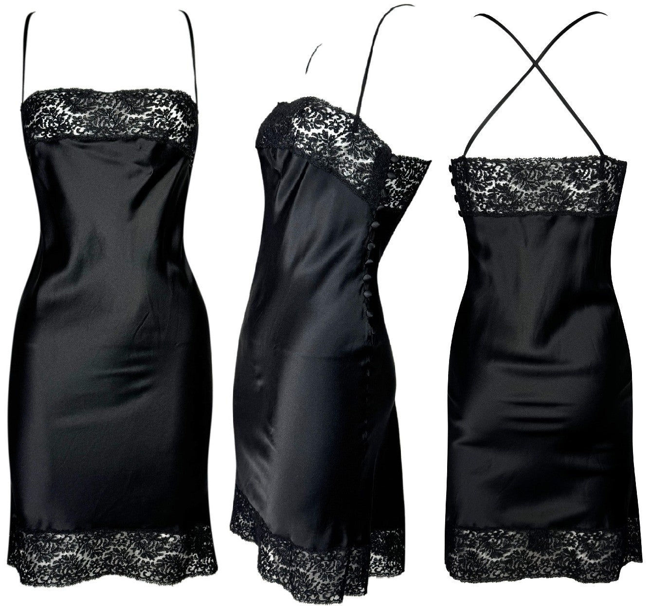 F/W 1997 Christian Dior x John Galliano Sheer Black Lace Chest Silk Satin LBD Mini Dress